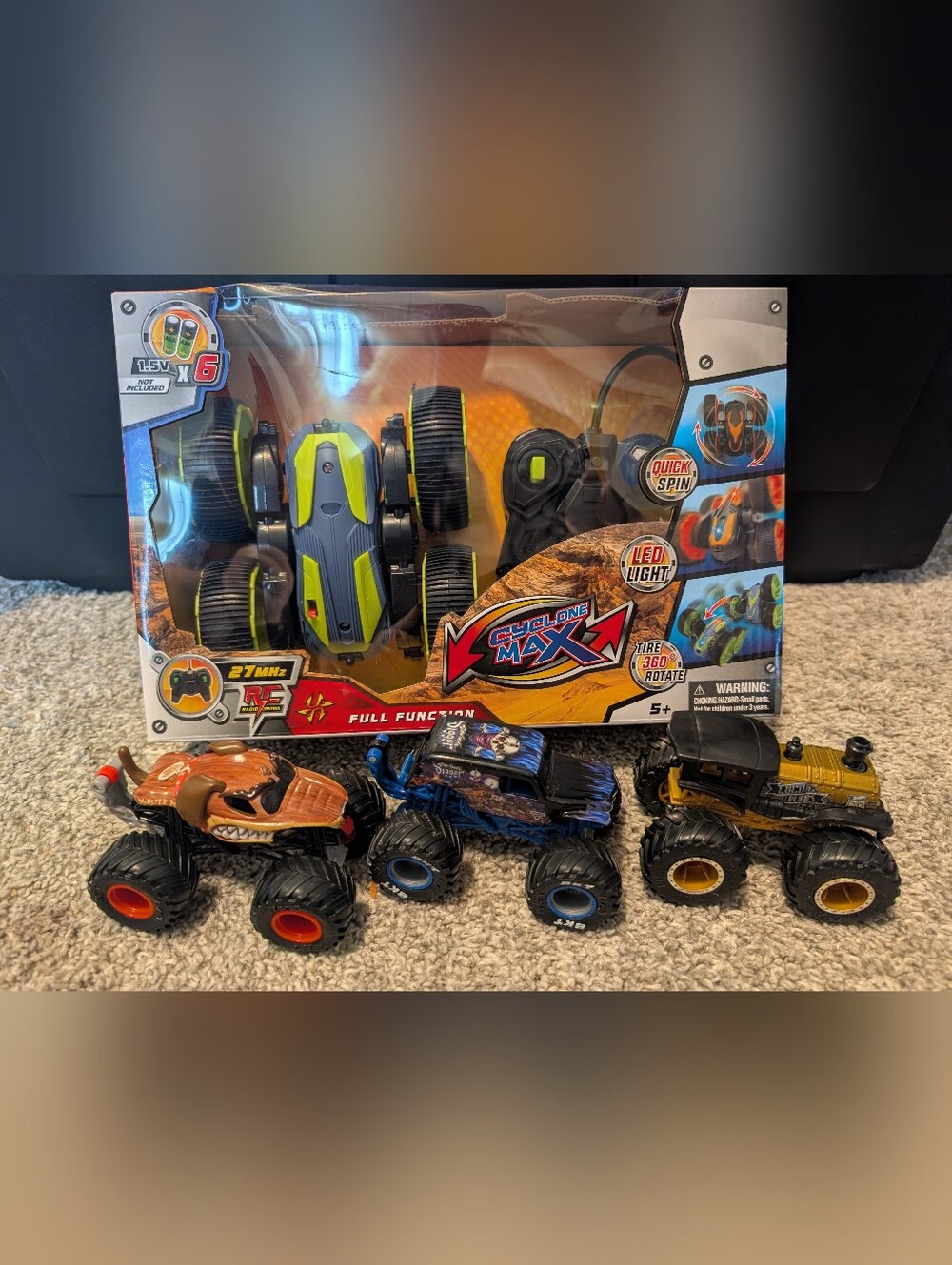 NWT Cyclone Max Remote Control Stunt Truck & 3 Small Monster Trucks.